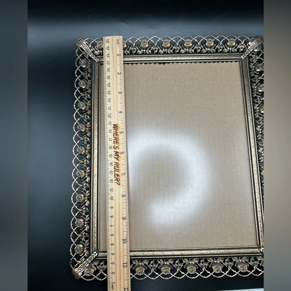 Vintage goldtone metal rose filigree picture frame 7”x9” MCM Ornate